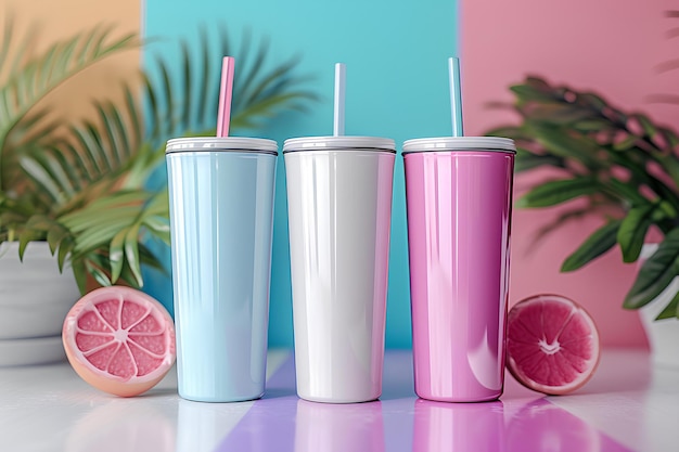 Three different colored cups