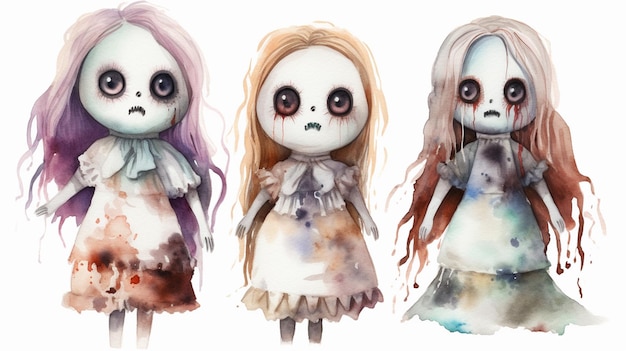 three different colored dolls with creepy faces and long hair generative ai