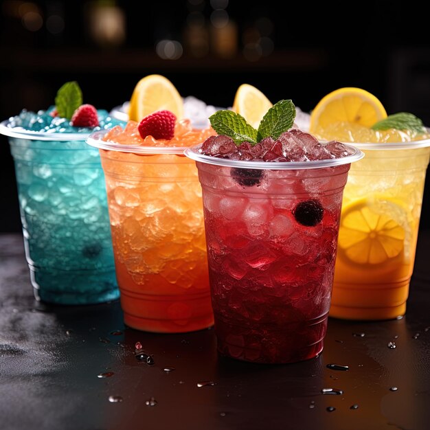 three different colored drinks with one with one that has a fruit in it