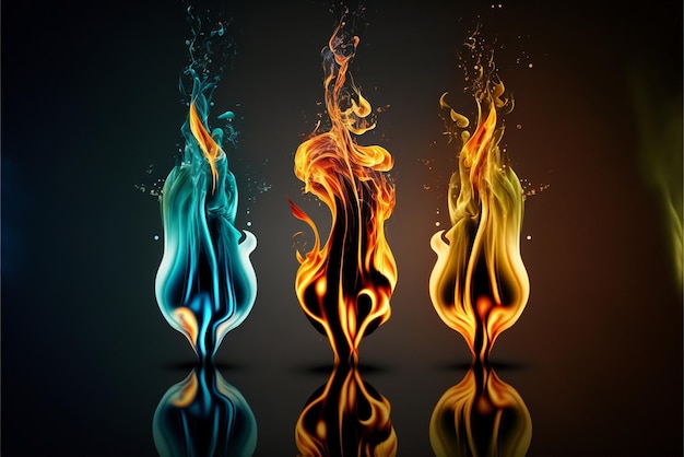 Three different colored fire flames on a black background generative ai