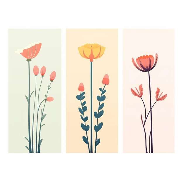 three different colored flowers are shown in a row on a white background generative ai