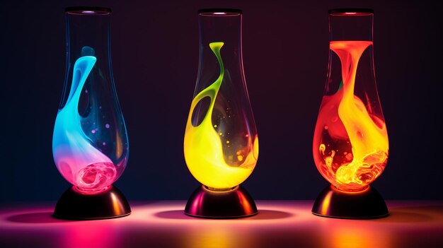 Photo three different colored lava lamps are lit up in a row ai generative