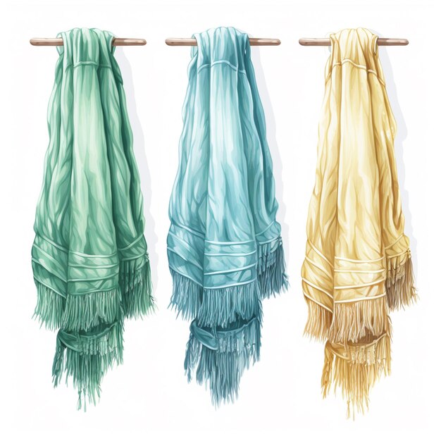 Photo three different colored scarves hanging on a clothes line generative ai