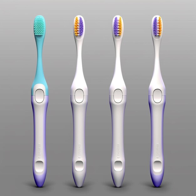 Three different colored toothbrushes with different shapes and colors generative ai