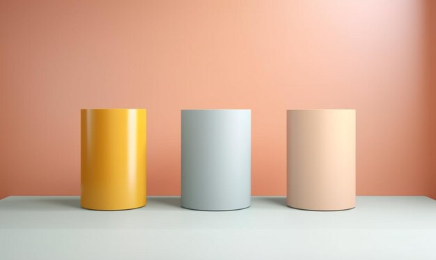 Three different colored vases on a white table against a pink wall generative ai