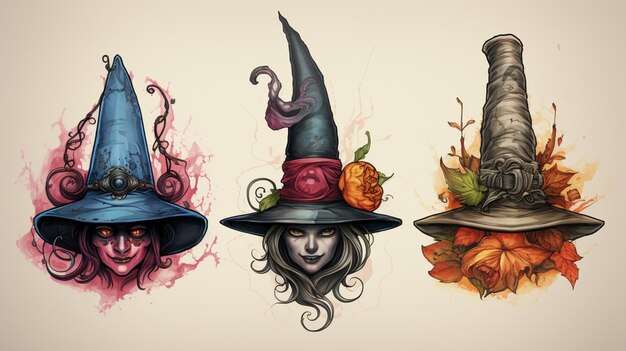 three different colored witches hats with flowers and leaves generative ai