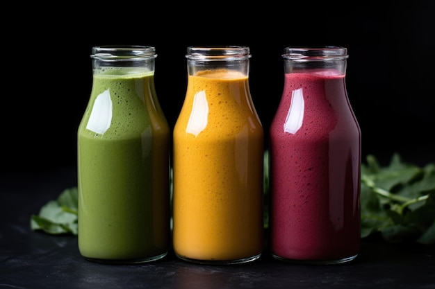 Three different coloured smoothies in glass bottles on black granite