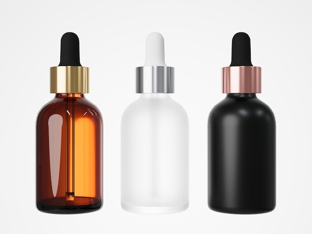 Three different cosmetic serum dropper bottles 3D render care product packaging