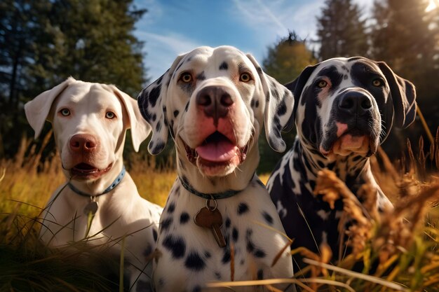 Three different dogs on a walk in the field