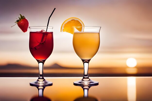 three different drinks are on a table one of which has a straw and a strawberry on it