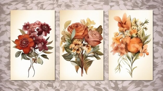 three different floral paintings of orange generative ai