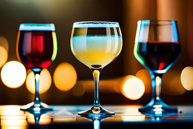 세 개의 다른 잔의 알코올이 테이블 위에 배열되어 있습니다.