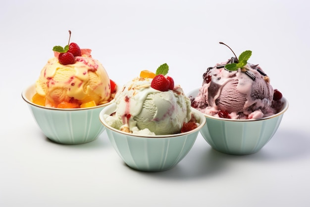 Three different ice cream sundaes with fruits and berries