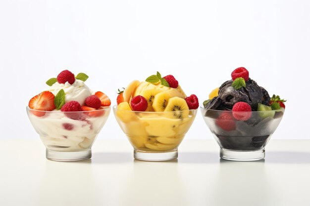 Three different ice cream sundaes with fruits and berries