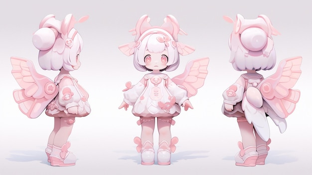 Three different poses of a girl with pink hair and wings generative ai