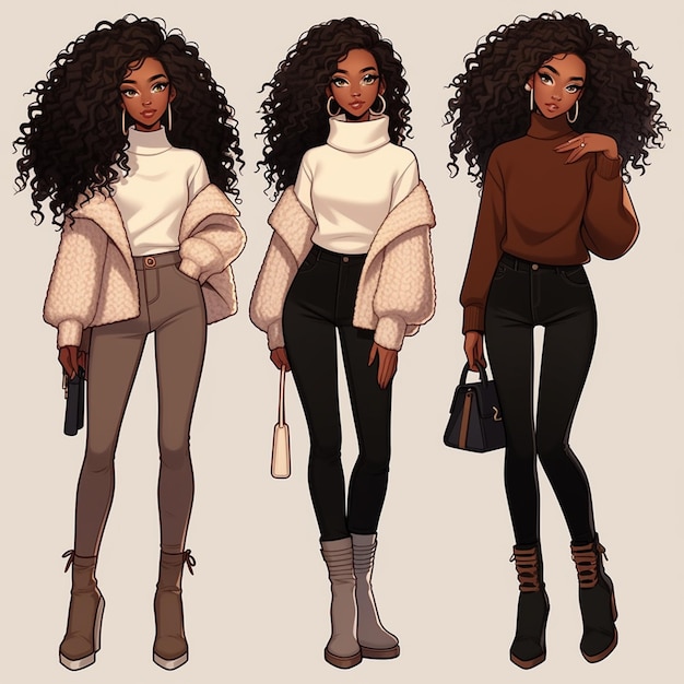 three different poses of a woman with curly hair and a sweater generative ai