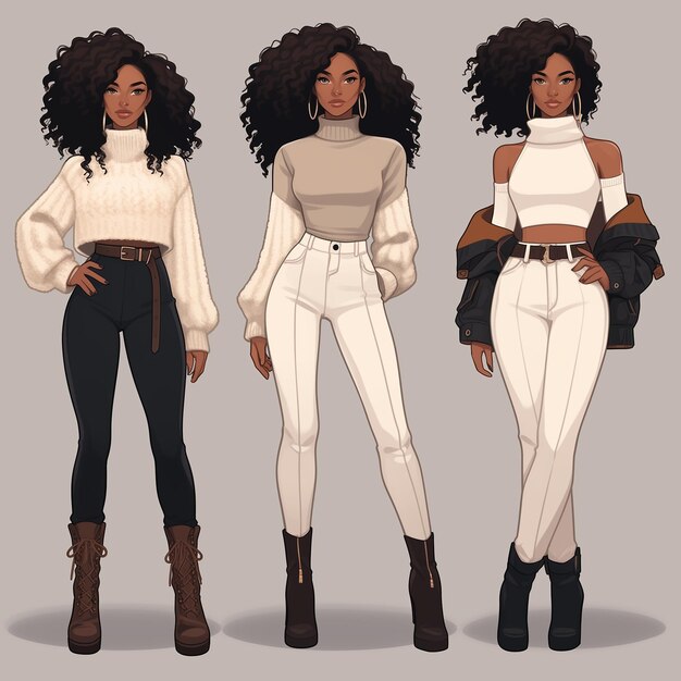 three different poses of a woman with long hair and white pants generative ai