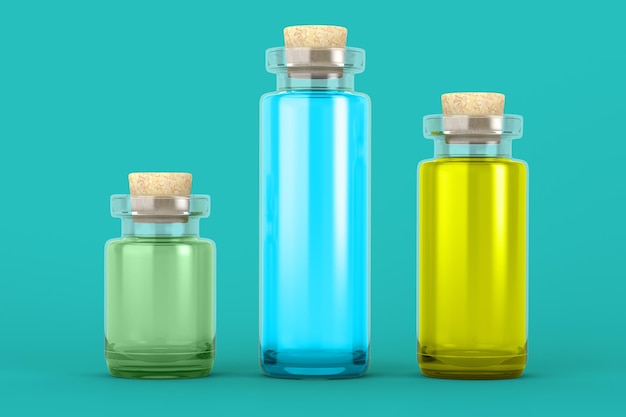 Three Different Sizes of Cork Bottles Front Side Isolated In Blue Background