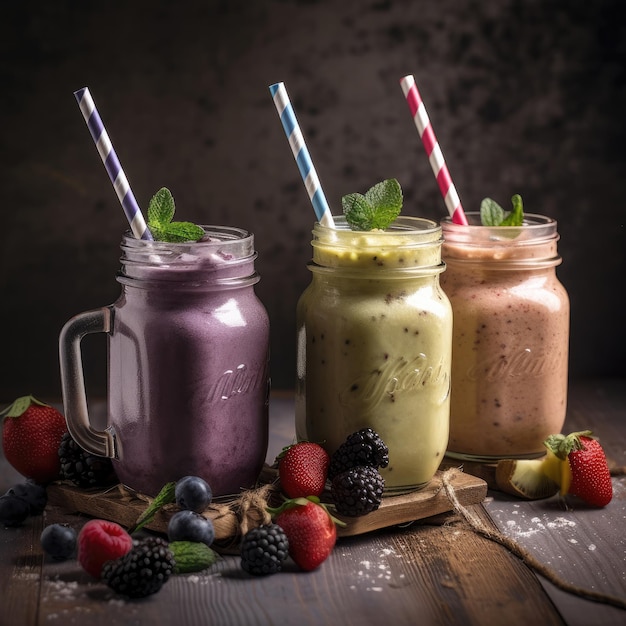 Three different smoothies with straws restaurant background