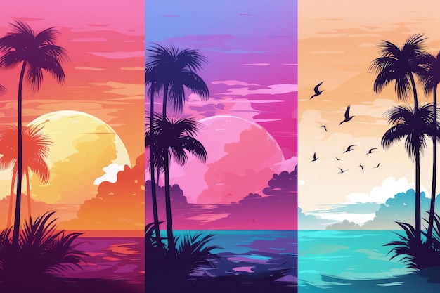 Three different sunsets with palm trees in the foreground generative AI