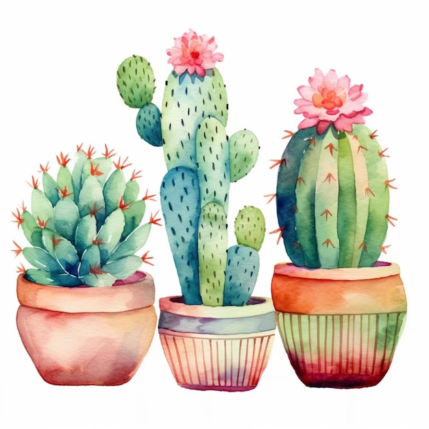 Three different types of cactus plants in pots on a white background generative ai