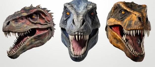 Three different types of dinosaurs with their mouths open