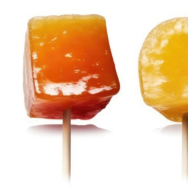 Three different types of food on sticks with one that has the word ice on it.