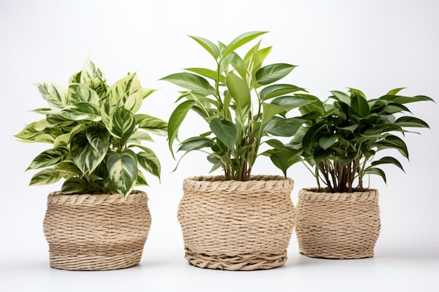 three different types of plants in baskets on a white surface