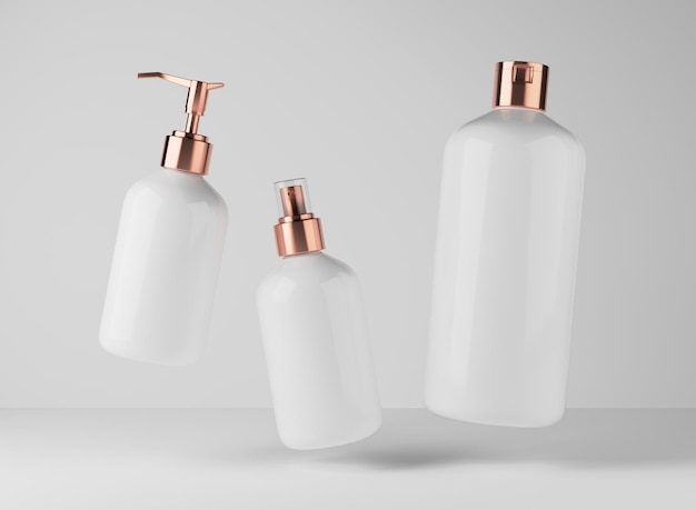 Three different white plastic bottles for hair and body care products 3D render