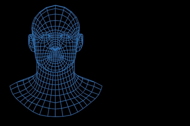 Three dimensional blue mesh image of a man face on black background with copy space