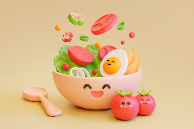 Three-dimensional bowl of salad in cartoon style