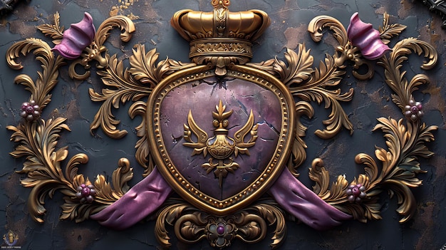 Фото Трехмерная цифровая иллюстрация древнего герба с позолоченными фиолетовыми лезвиями и железным королевским щитом