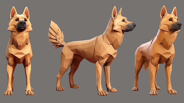 Foto illustrazione tridimensionale di un cane in tre angoli diversi il cane è marrone e ha il pelo corto