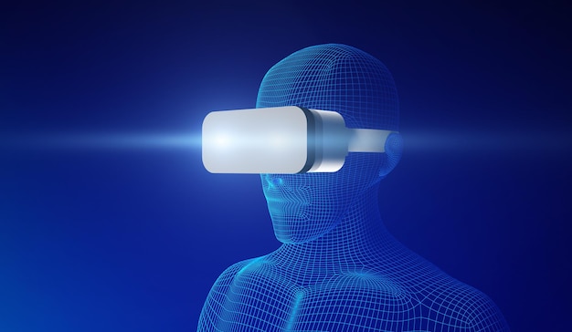 Three dimensional image of head wearing virtual reality stimulator against blue background