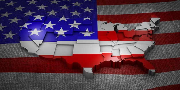 the three-dimensional map of the united states on the flag. 3d rendering.