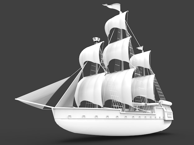 Three dimensional raster  of an ancient sailing ship on gray  with soft shadows 