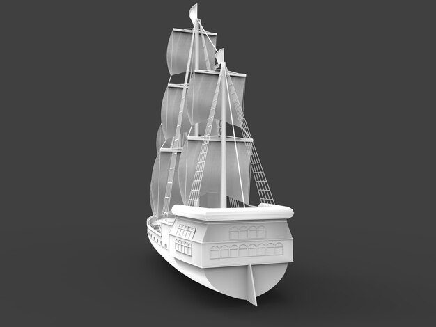 Трехмерная растровая иллюстрация древнего парусного корабля на сером фоне с мягкими тенями. 3D-рендеринг.