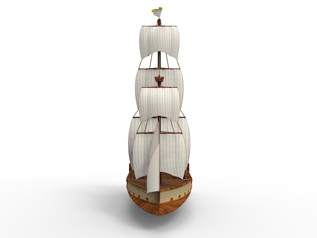 Three-dimensional raster illustration of an ancient sailing ship on a white background with soft shadows. 3d rendering.