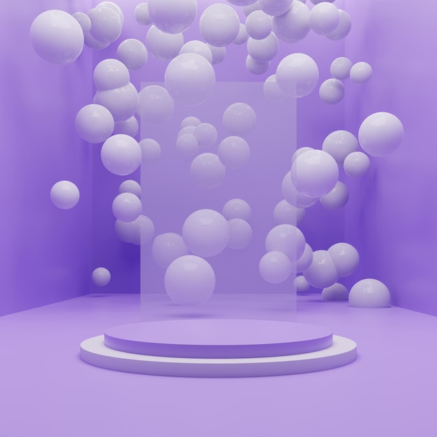 Three dimensional render of bubbles floating arrangement with stage over the empty podium,