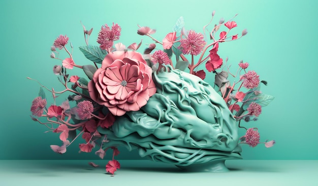 Photo a three dimensional version of the brain with flowers and branches in the style of dreamy surrealist compositions