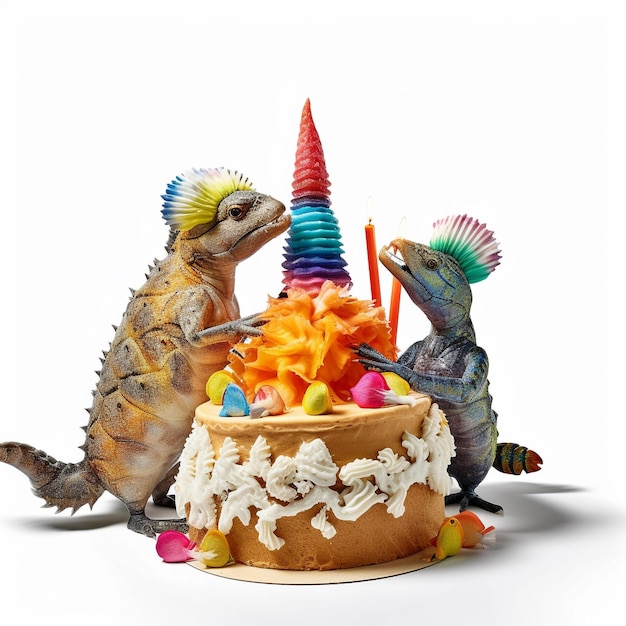 Photo three dinosaurs are sitting next to a cake with a cake with the word dinosaur on it.