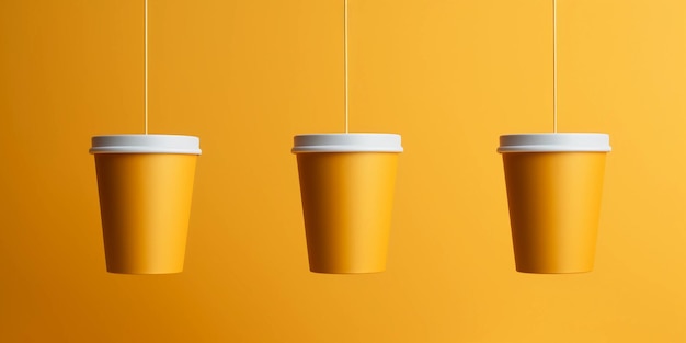 Three disposable drinking cup templates suspended commercial photography 8k