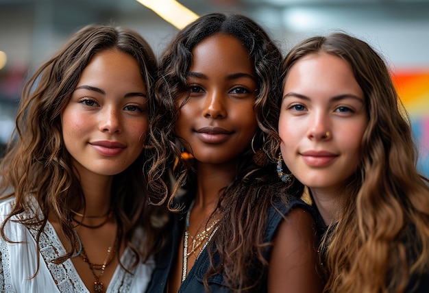 Foto tre giovani donne radianti diverse che sorridono con fiducia alla telecamera diverse belle giovani donne