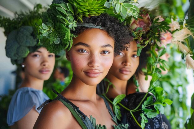 Photo three diverse women embracing nature with floral headpieces in serene greenhouse environment
