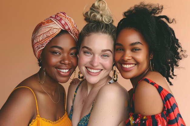 Foto tre donne diverse che sorridono e posano insieme