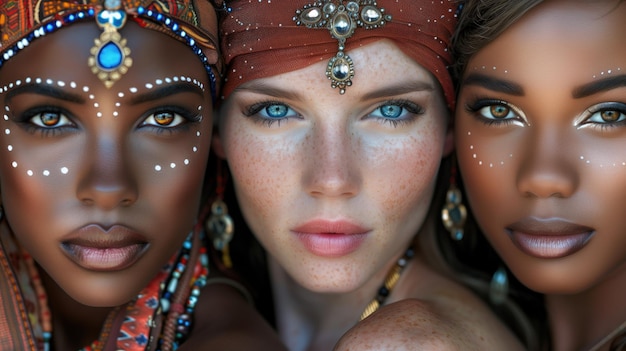 Photo three diverse women with tribal makeup