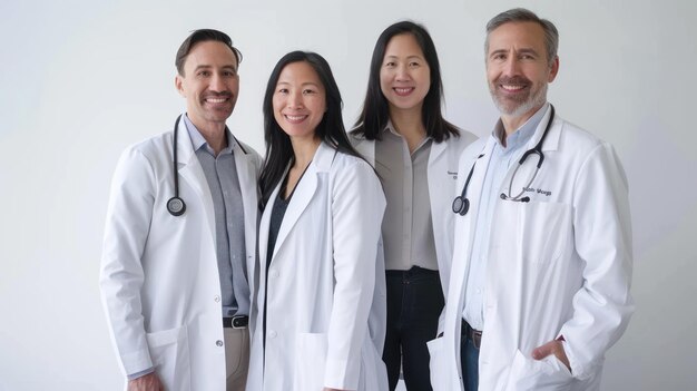 Photo three doctors standing together wearing white coats and stethoscopes smiling confidently