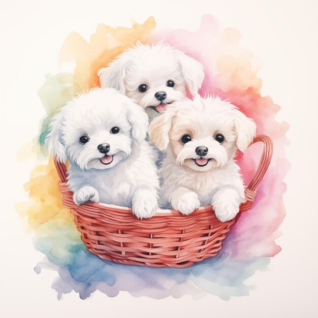 Photo three dog in the basket water color style