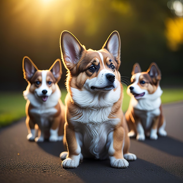 Photo three dogs are sitting on the road and one has the word corgi on it.