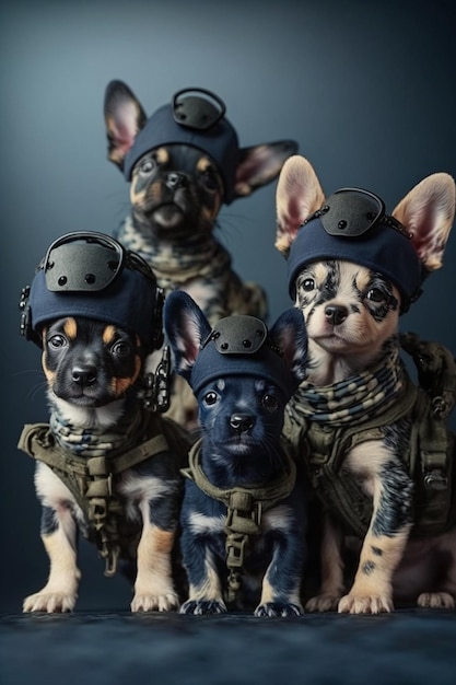 3마리의 개는 군복과 헬멧을 쓰고 있습니다 생성 인공 지능